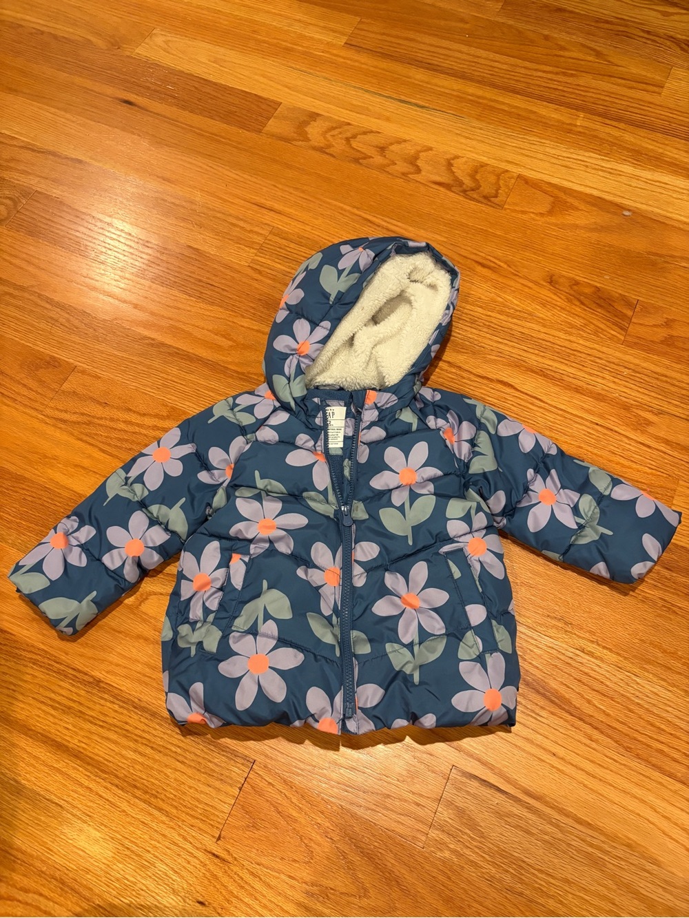 GAP Navy Floral Hooded Puffer Jacket with Cream Sherpa Lining